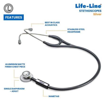 Lifeline Silver Aluminium Light Blue Single Diaphragm Chest Piece Stethoscope with 2 Way Tube