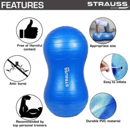 Strauss 95x45cm Rubber Peanut Blue Anti-Burst Gym Ball with Foot Pump