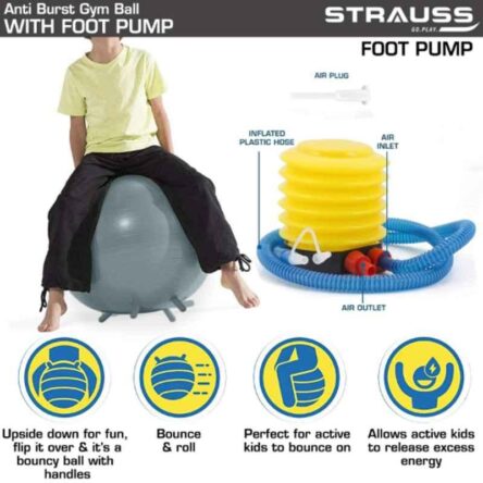 Strauss 26x24x12cm Rubber Round Grey Anti-Burst Gym Ball with Foot Pump