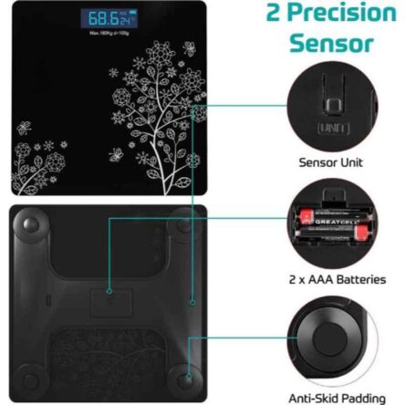 Pristyn Care beatXP Pro Max 180kg Black Floral Digital Body Weighing Scale with Tempered Glass & LCD Display