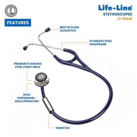 Lifeline Stainless Steel Black Dual Side Diaphragm Chest Piece Stethoscope with 2 Way Tube