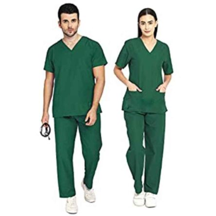 Indosurgicals Polyester & Cotton Bottle Green Faux Wrap Scrub Suit