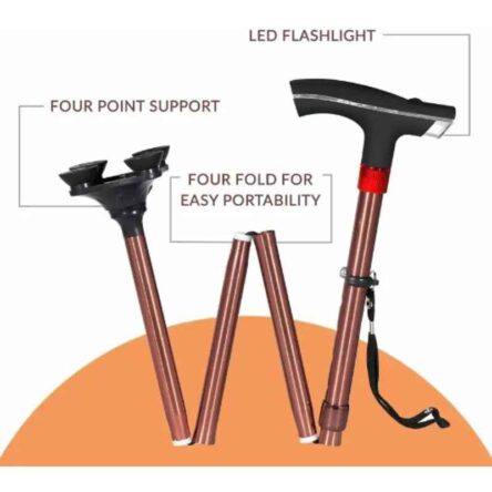 Divine Medicare 84.5cm Brown Aluminium Four Leg Folding Walking Stick with LED Light