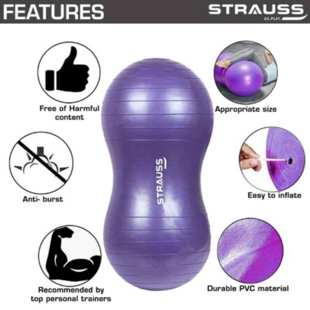 Strauss 95x45cm Rubber Peanut Purple Anti-Burst Gym Ball with Foot Pump