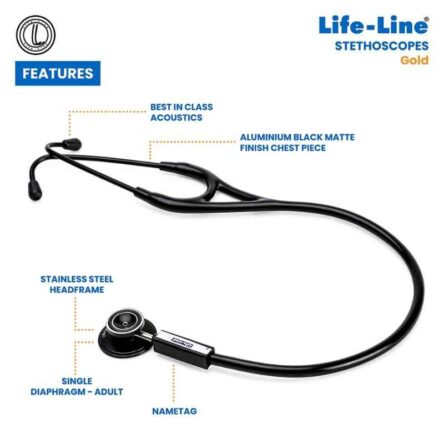 Lifeline Gold Aluminium Black Single Diaphragm Chest Piece Stethoscope with 2 Way Tube