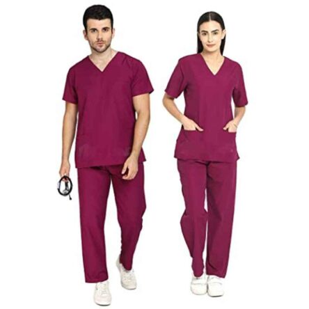 Indosurgicals Polyester & Cotton Wine Faux Wrap Scrub Suit