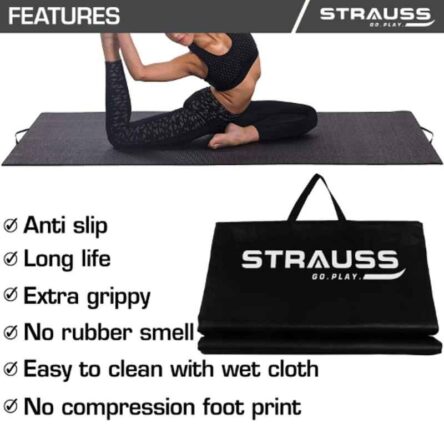 Strauss 66×26 inch EPE Foam & Rexine Black Yoga Exercise Rolling Mat
