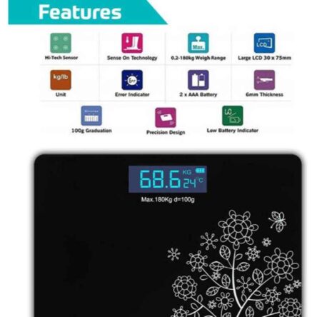 Pristyn Care beatXP Pro Max 180kg Black Floral Digital Body Weighing Scale with Tempered Glass & LCD Display