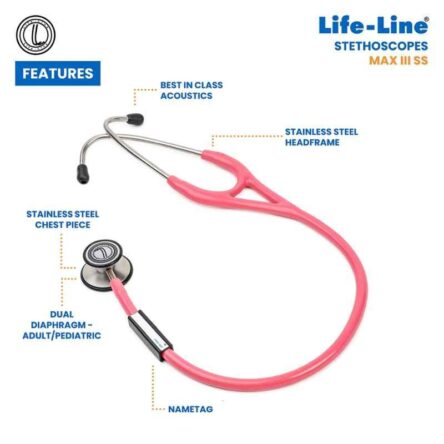 Lifeline Max III Stainless Steel Pink Dual Side Diaphragm Chest Piece Stethoscope with 2 Way Tube