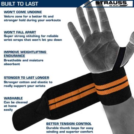 Strauss 16.5x14x4.2cm Black & Orange Weight Lifting Cotton Wrist Support