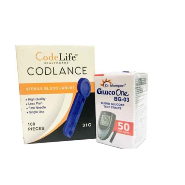 Dr. Morepen Gluco One BG03 50 Glucometer Strip & Codelife 50 Lancet 50 Glucometer Strips Box
