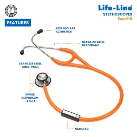 Lifeline Excel-II Stainless Steel Orange Chest Piece Stethoscope with 2 Way Tube