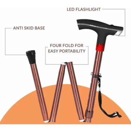 Divine Medicare 93cm Brown Aluminium Single Leg Folding Walking Stick with LED Light