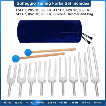 NESCO 9 Pcs Sacred Solfeggio Aluminum Alloy Tuning Fork Set with Rubber Mallet