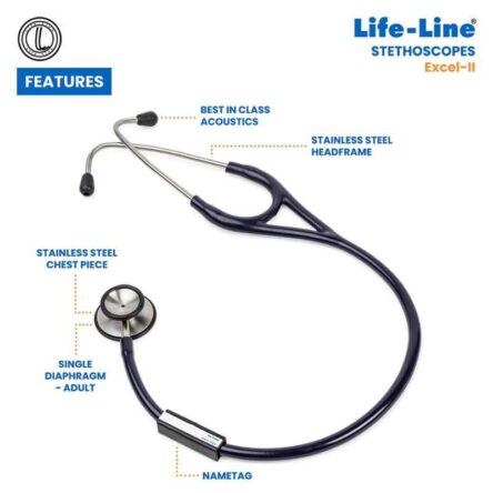 Lifeline Excel-II Stainless Steel Blue Chest Piece Stethoscope with 2 Way Tube