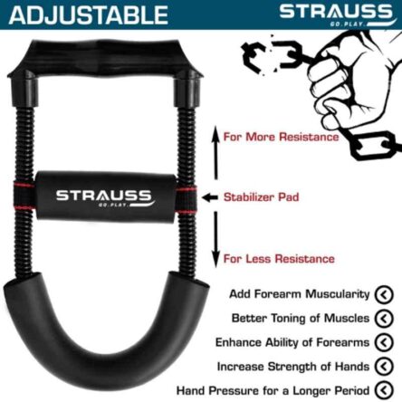 Strauss 145x26cm Stainless Steel Black Adjustable Wrist & Forearm Strengthener