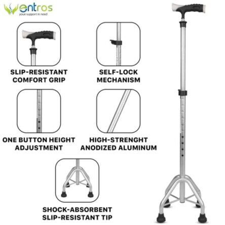 Entros Silver Premium 4 Leg Straight Walking Stick with Support