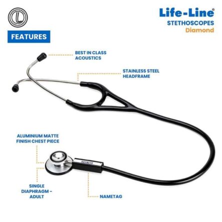 Lifeline Diamond Aluminium Black Single Diaphragm Chest Piece Stethoscope with 2 Way Tube