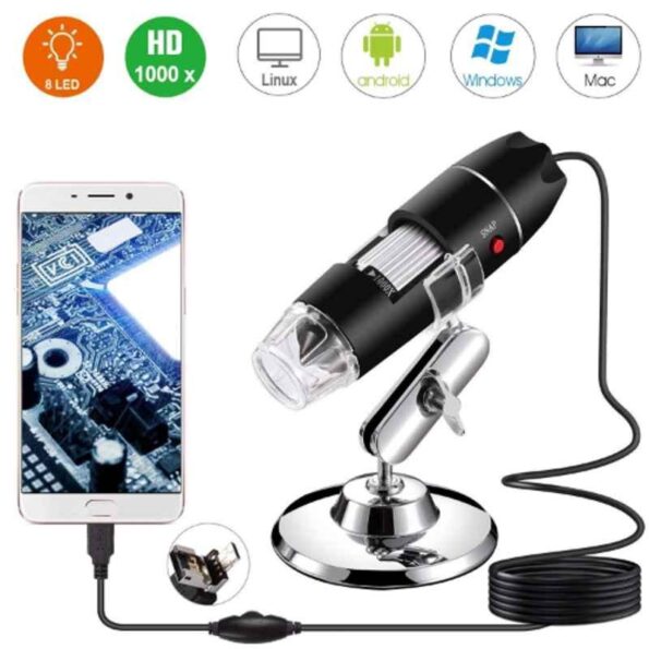 Microware 40-1000X 2MP 8LED 3 in 1 Magnification Endoscope with Metal Stand & OTG Adapter