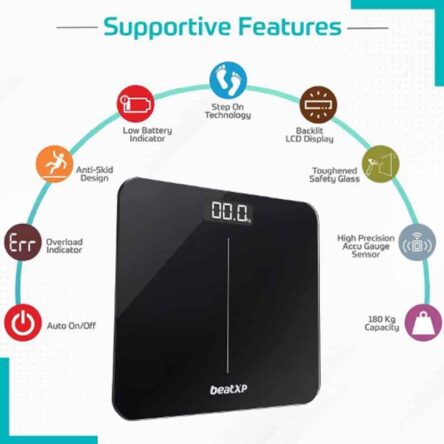 BeatXP Gravity Elite 180kg Tempered Glass Black Digital Weighing Scale