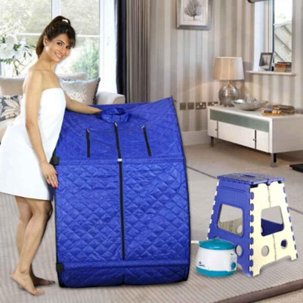 Kawachi Blue Portable Steam Sauna Bath for Health & Beauty Spa at Home with Folding Stool