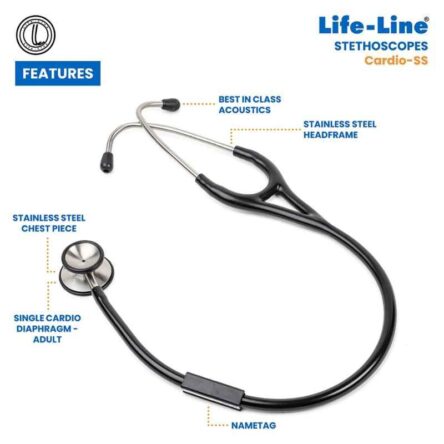 Lifeline Cardio Stainless Steel Black Single Side Diaphragm Chest Piece Stethoscope with 2 Way Tube