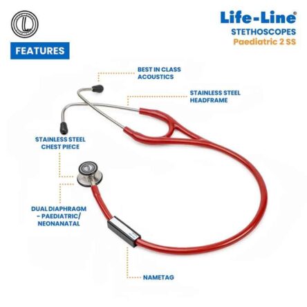 Lifeline Stainless Steel Red Dual Diaphragm Chest Piece Stethoscope with 2 Way Tube