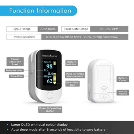 HealthSense Accu-Beat FP 910 Fingertip Pulse Oximeter with Plethysmograph & PI Four Directional OLED Display