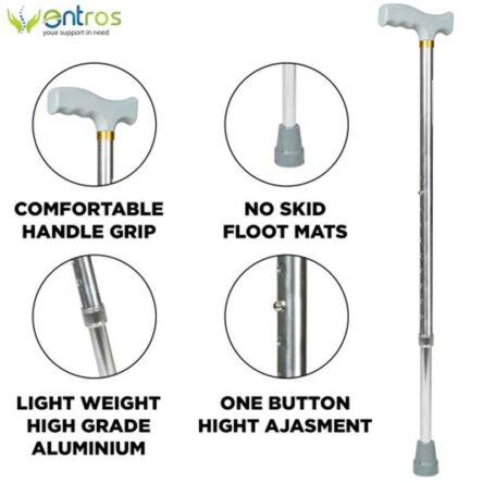 Entros Premium Silver Aluminum L-Shaped Height Adjustable Folding Single Walking Stick